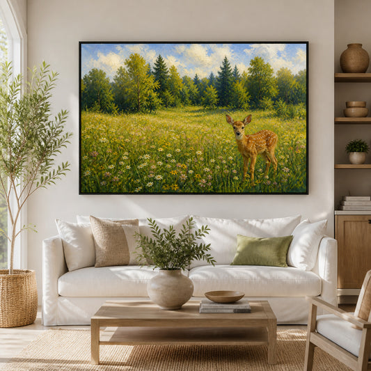 spotted-fawn-in-a-wildflower-meadow-floating-frame-wall-art | wall-scene-primary