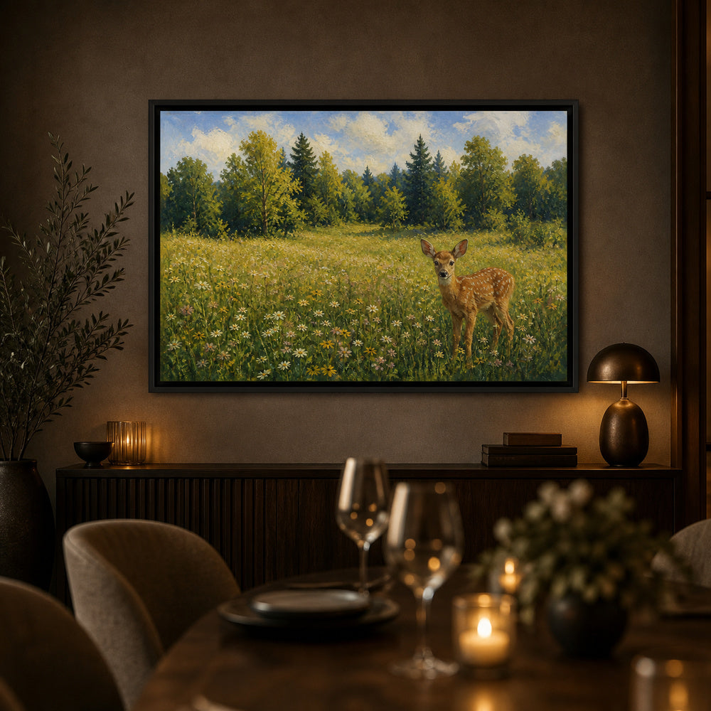 spotted-fawn-in-a-wildflower-meadow-floating-frame-wall-art | wall-scene-secondary