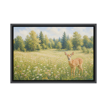 spotted-fawn-in-a-wildflower-meadow-floating-frame-wall-art | white-background-true-floater