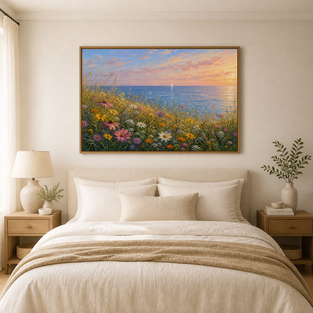 sunset-coastal-wildflower-meadow-floating-frame-wall-art | bedroom-wall-scene