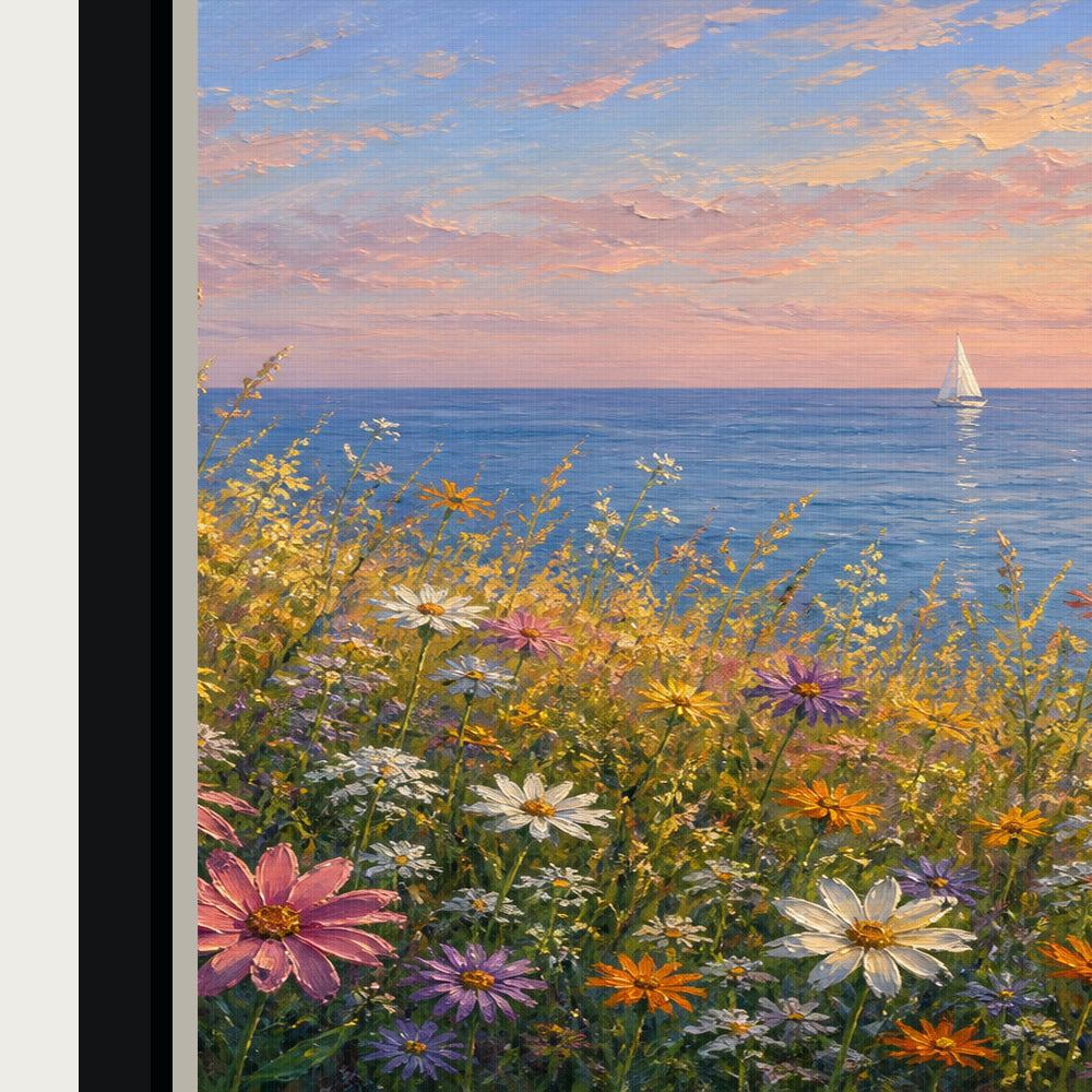 sunset-coastal-wildflower-meadow-floating-frame-wall-art | material-detail-closeup