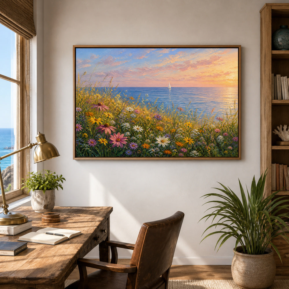 sunset-coastal-wildflower-meadow-floating-frame-wall-art | office-wall-scene