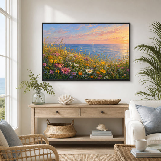 sunset-coastal-wildflower-meadow-floating-frame-wall-art | wall-scene-primary
