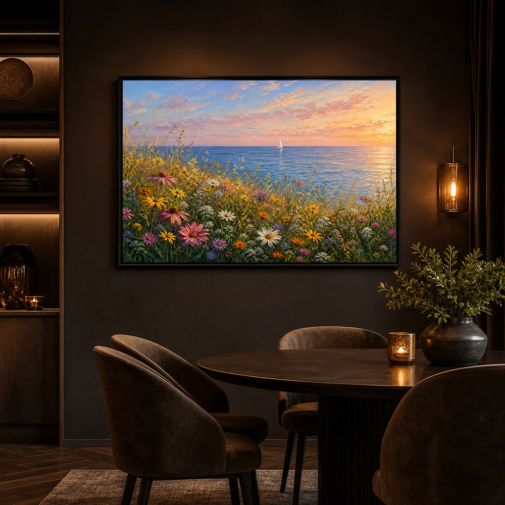 sunset-coastal-wildflower-meadow-floating-frame-wall-art | wall-scene-secondary