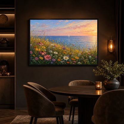sunset-coastal-wildflower-meadow-floating-frame-wall-art | wall-scene-secondary