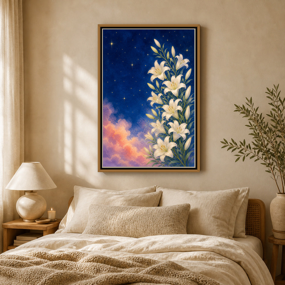 white-lilies-under-a-starry-blue-sky-floating-frame-wall-art | bedroom-wall-scene