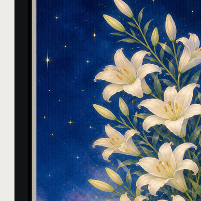 white-lilies-under-a-starry-blue-sky-floating-frame-wall-art | material-detail-closeup