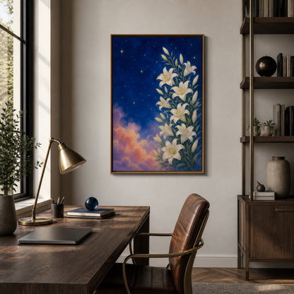 white-lilies-under-a-starry-blue-sky-floating-frame-wall-art | office-wall-scene