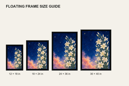 white-lilies-under-a-starry-blue-sky-floating-frame-wall-art | size-comparison