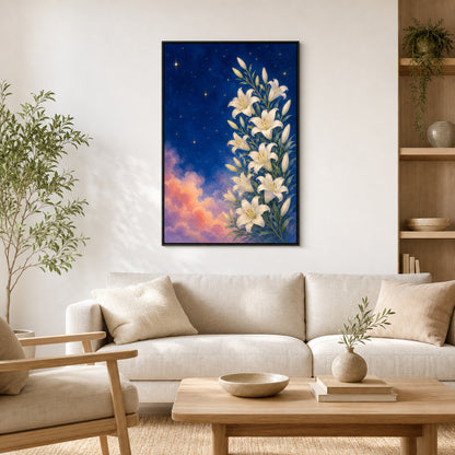 white-lilies-under-a-starry-blue-sky-floating-frame-wall-art | wall-scene-primary