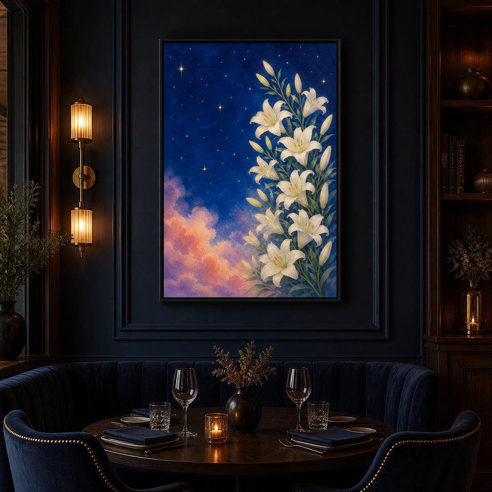 white-lilies-under-a-starry-blue-sky-floating-frame-wall-art | wall-scene-secondary