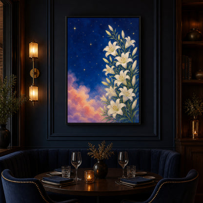 white-lilies-under-a-starry-blue-sky-floating-frame-wall-art | wall-scene-secondary