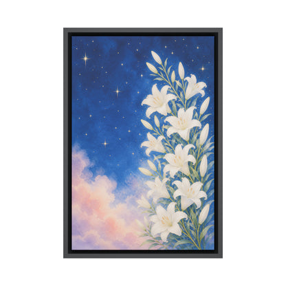 white-lilies-under-a-starry-blue-sky-floating-frame-wall-art | white-background-true-floater